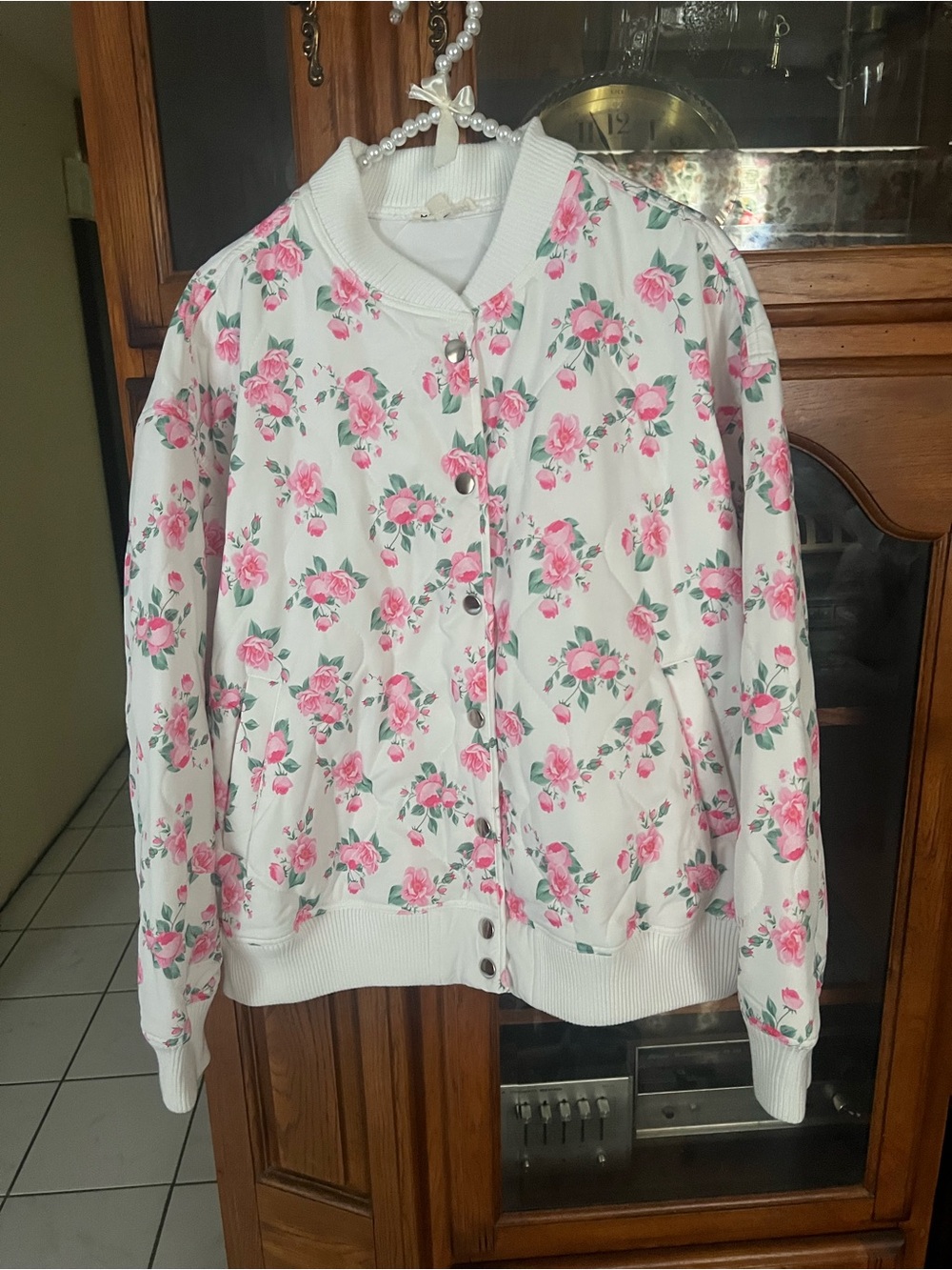 Women’s Floral Bomber Jacket - White with Pink Roses